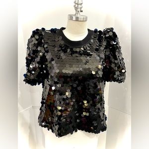 Queen of Sparkles Black Sequin Poof Sleeve Top, Size Large